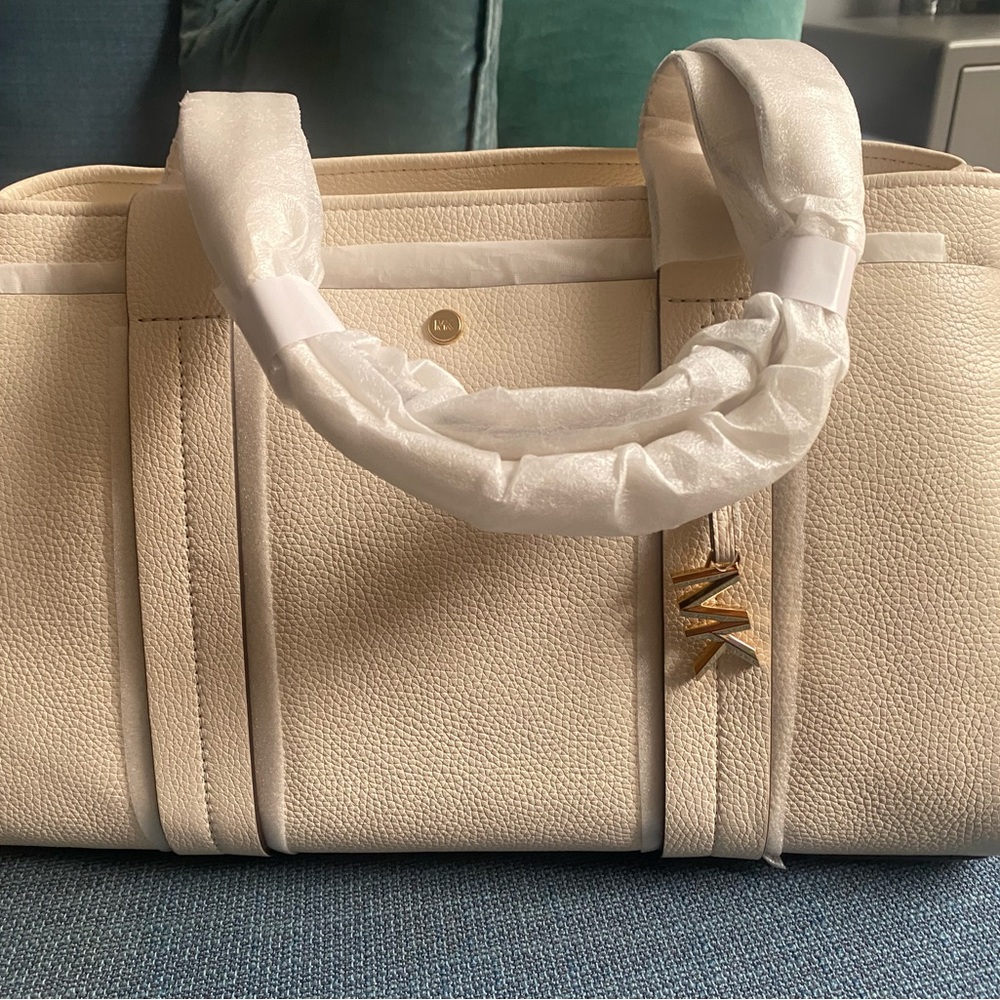Michael Kors Cream Satchel with Gold Hardware and Ruched Handle